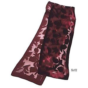 Burgundy Red Silk/Viscose Velvet Long Scarf Tulips Embossed Rectangle Semi-sheer